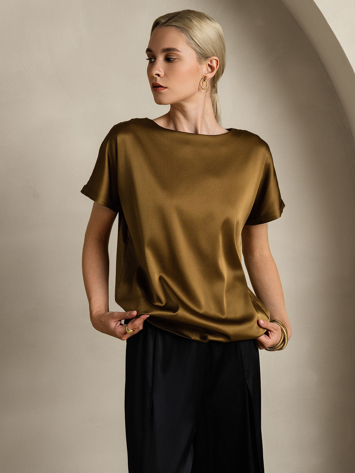 [Brun] SilkSilky-DK 19Momme Silke Womens T-Shirt 004