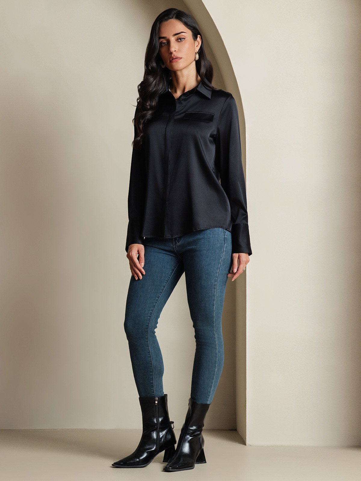 SilkSilky-DK 19Momme Silke Womens Shirt Sort 008