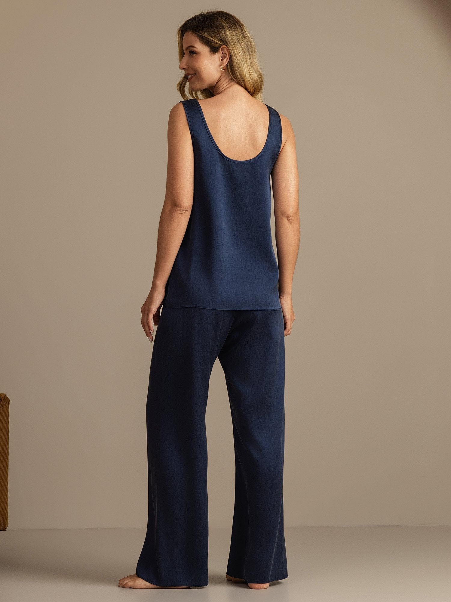 [Mørkeblå] SilkSilky-DK 19Momme Silke Womens Pajamas 002,