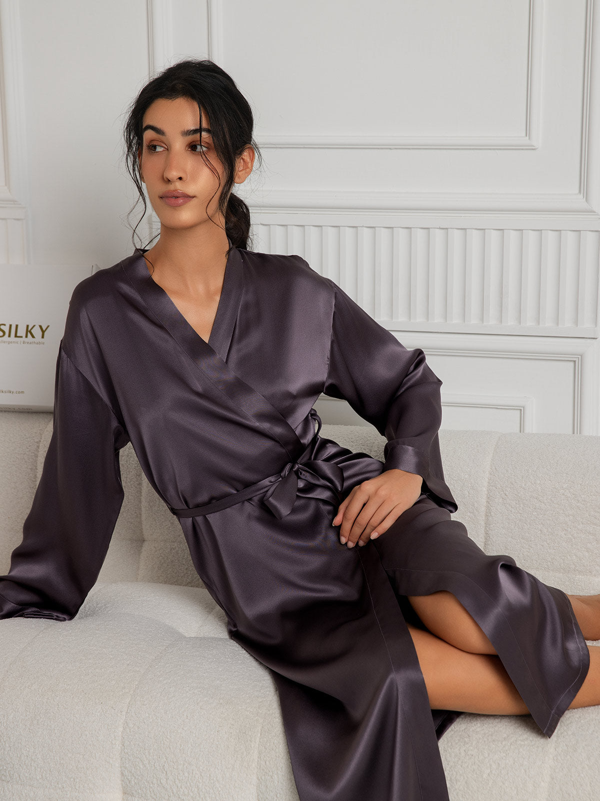 [Lilla Grå] SilkSilky-DK Wrap Dame Morgenkåbe 005