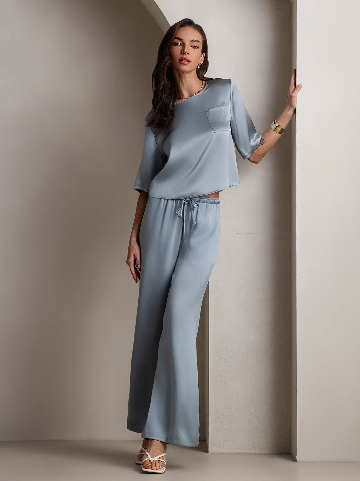 [Gråblå] SilkSilky-DK Womens Pajamas 001,