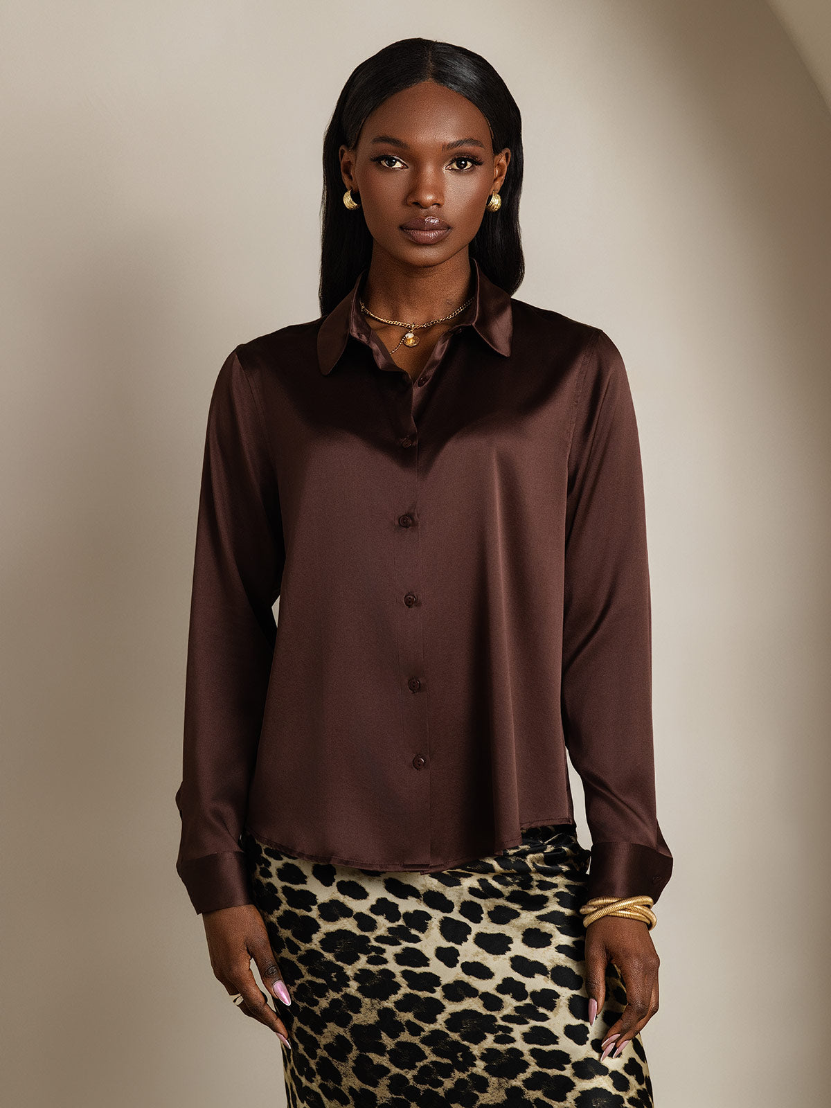 [Brun] SilkSilky-DK Silke Long Sleeve Collar Dameskjorte 003