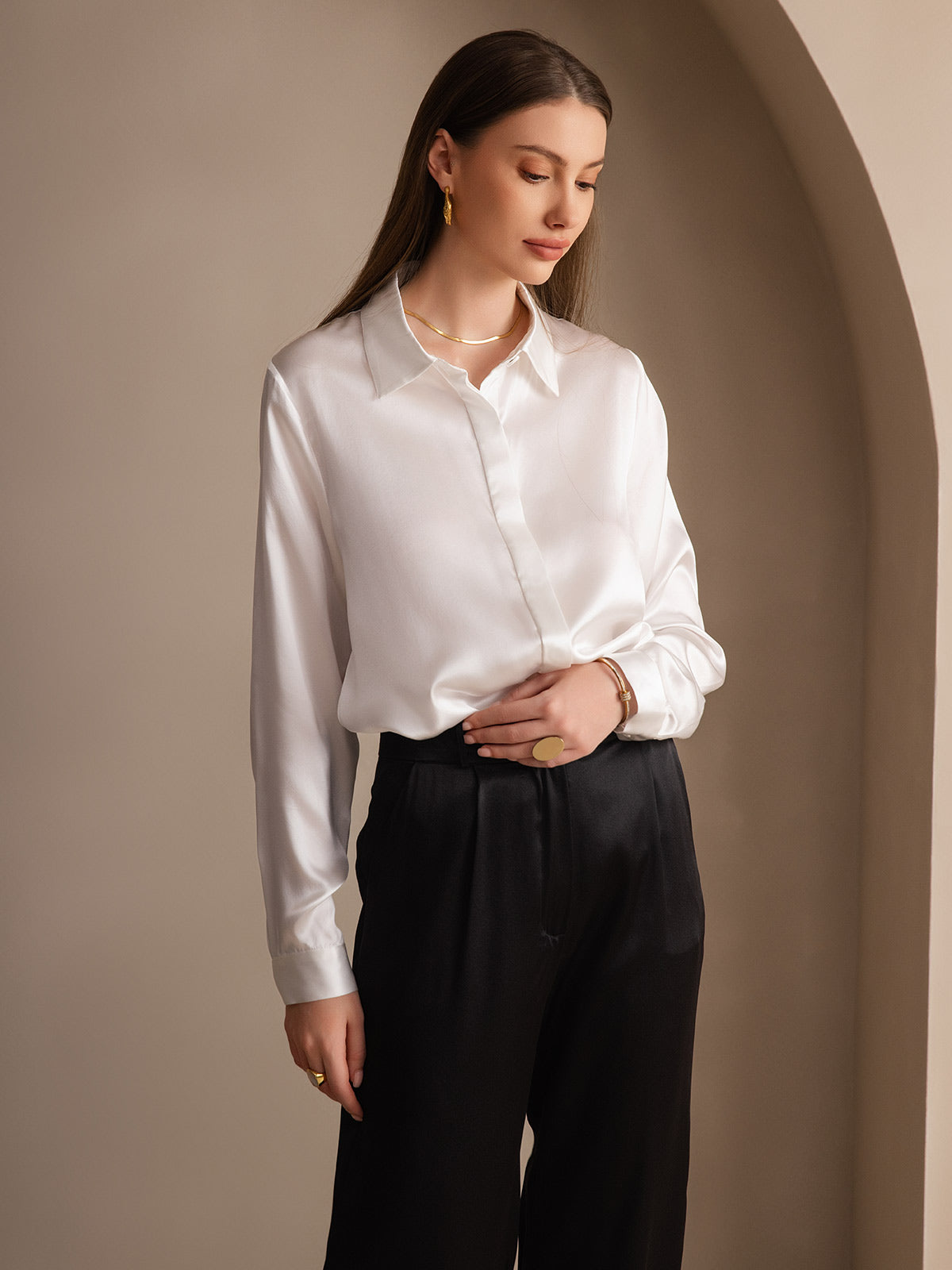 [Hvid] SilkSilky-DK 19Momme Silke Womens Shirt 006