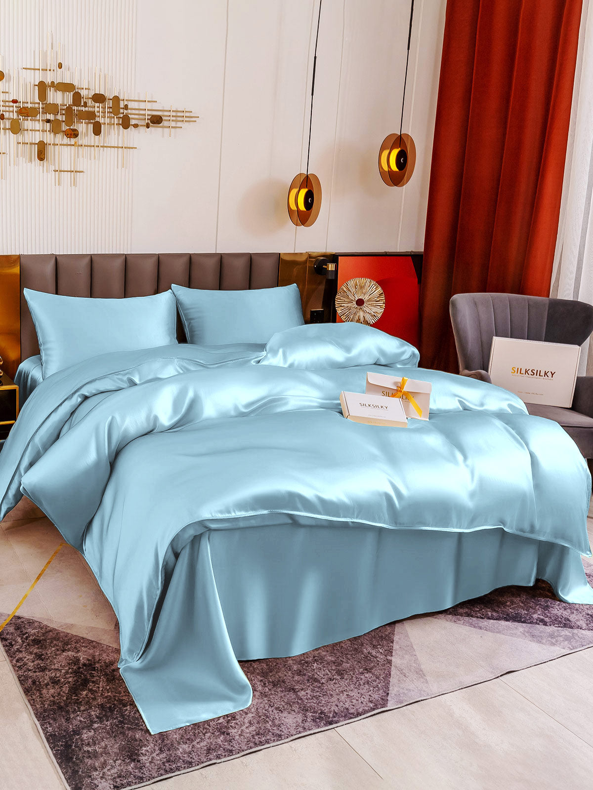 [Lyseblå] SilkSilky-DK 19Momme Bedding Set 001