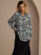 [Teal Leopard] SilkSilky-DK Long Sleeve Lapel Collar Bluse 001