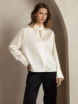[Elfenben] SilkSilky-DK Long Sleeve Keyhole Neck Damebluser 008