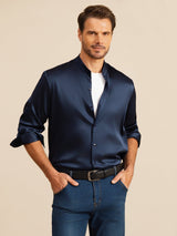 [Mørkeblå] SilkSilky-DK Long Sleeve Stand Collar Herreskjorte 001