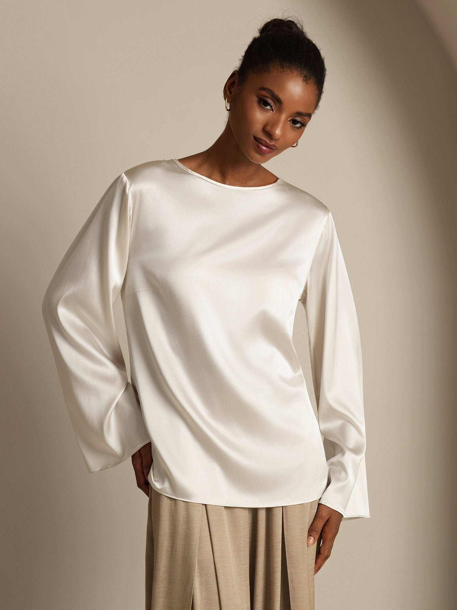 [Lysegrå] SilkSilky-DK 19Momme Silke Womens T-Shirt 001