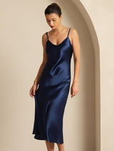 [Mørkeblå] SilkSilky-DK Sleeveless V Neck Kjole 007