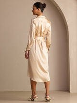 [Champagne] SilkSilky-DK Long Sleeve Lapel Collar Kjole 002