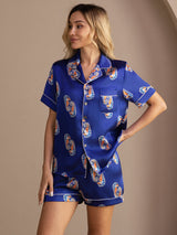 [Marineblå Søhest] SilkSilky-DK Short Sleeve Lapel Collar Dame Pyjamas 001