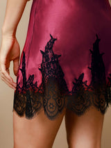 [Mørkerød] SilkSilky-DK Sleeveless V Neck Natkjole 006