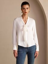 [Hvid] SilkSilky-DK Long Sleeve Tie Neck Damebluser 001