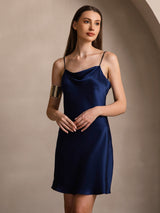 [Mørkeblå] SilkSilky-DK Sleeveless Cowl Neck Kjole 003