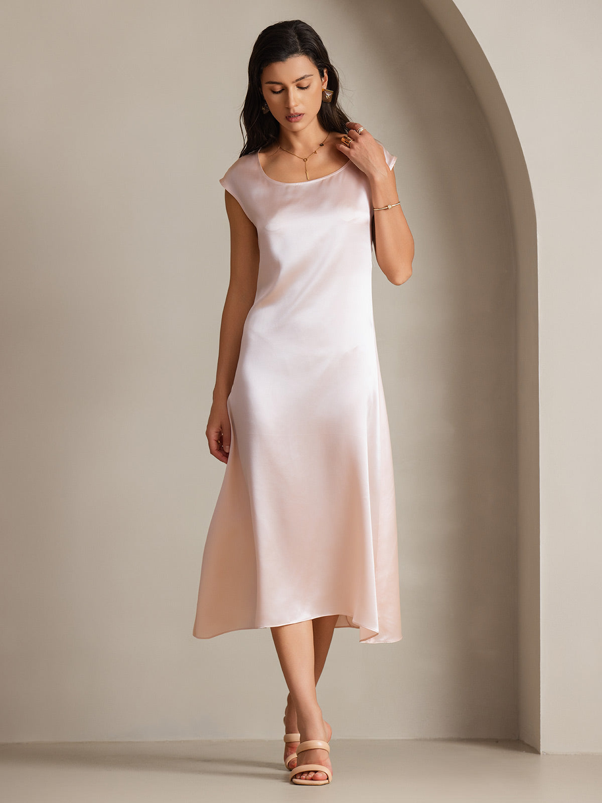 [Lyserød] SilkSilky-DK 19Momme Silke Dress 005
