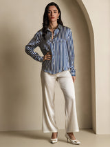 [Marine Stribe] SilkSilky-DK Long Sleeve Lapel Collar Dameskjorte 009