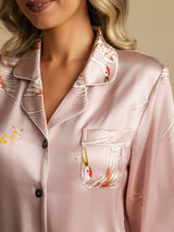 [Lyserød] SilkSilky-DK 19Momme Langærmet Notchkrage Dame Pyjamas 004