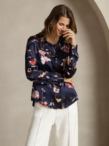[Marine Blomster] SilkSilky-DK Long Sleeve Lapel Collar Dameskjorte 005