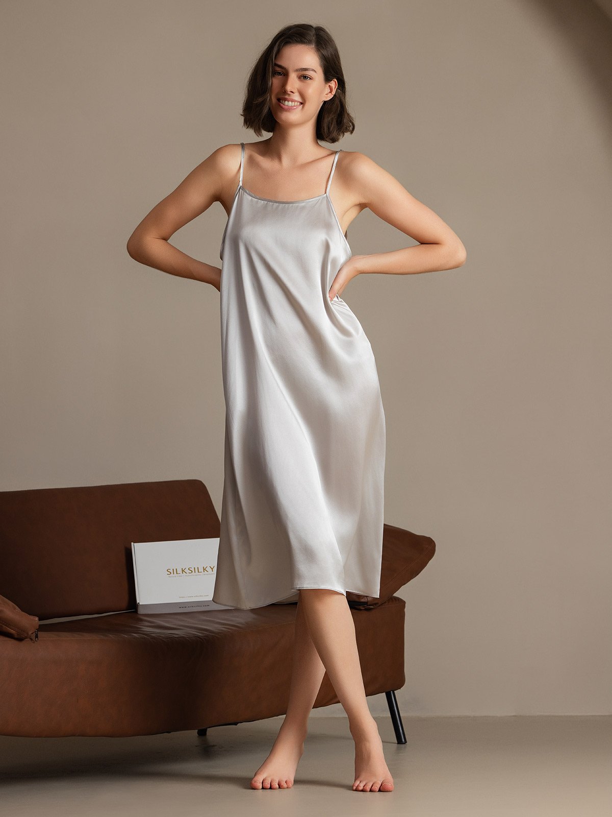 [Lysegrå] SilkSilky-DK 19Momme Silke Sleeveless Dress 003