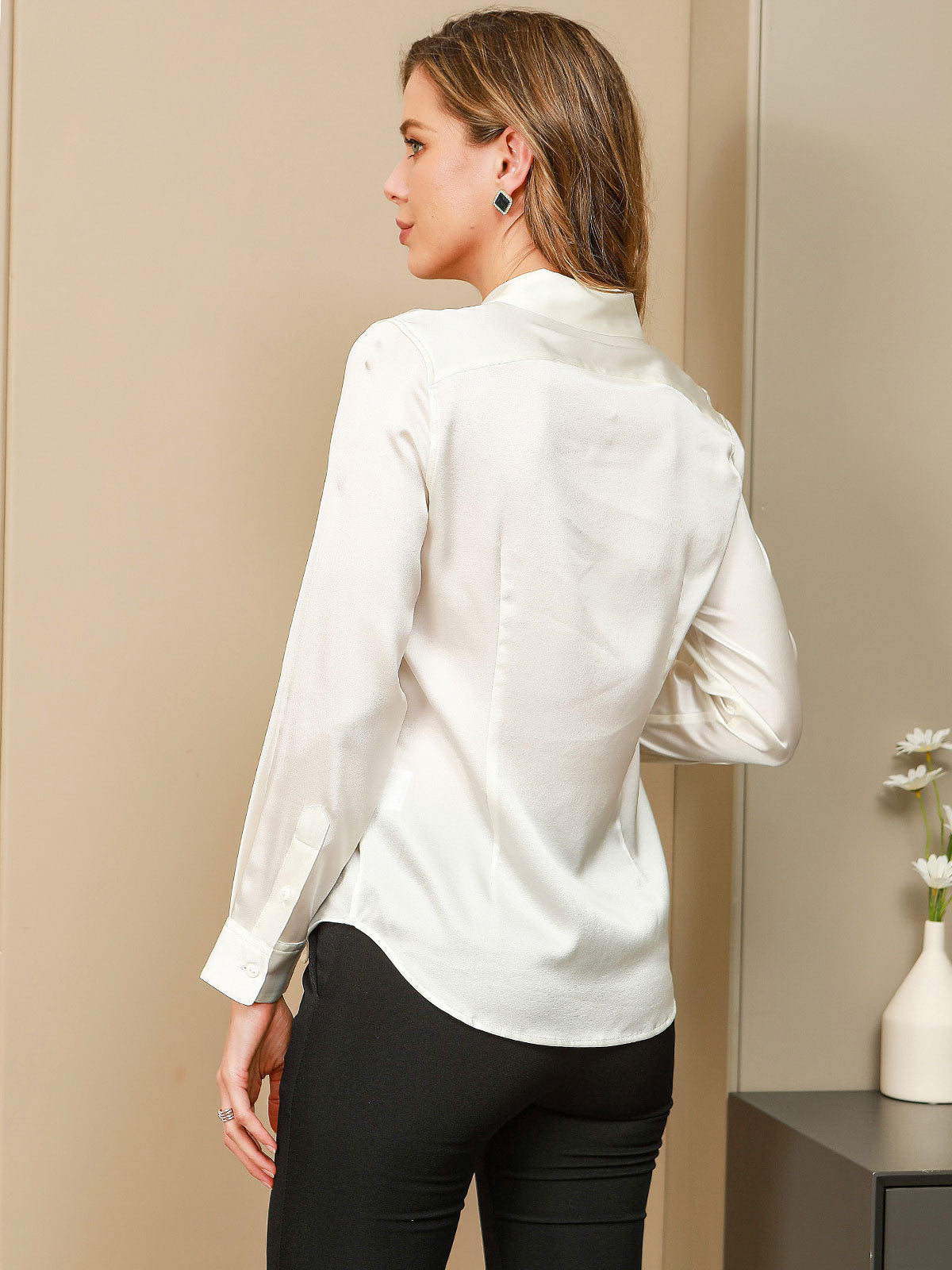 [Hvid] SilkSilky-DK Silke Long Sleeve Collar Dameskjorte 002