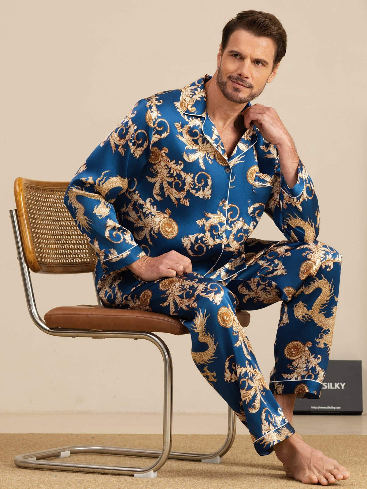 [Navy Drage] SilkSilky-DK Long Sleeve Lapel Collar Pyjamas til Mænd 001