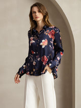 [Marine Blomster] SilkSilky-DK Long Sleeve Lapel Collar Dameskjorte 004