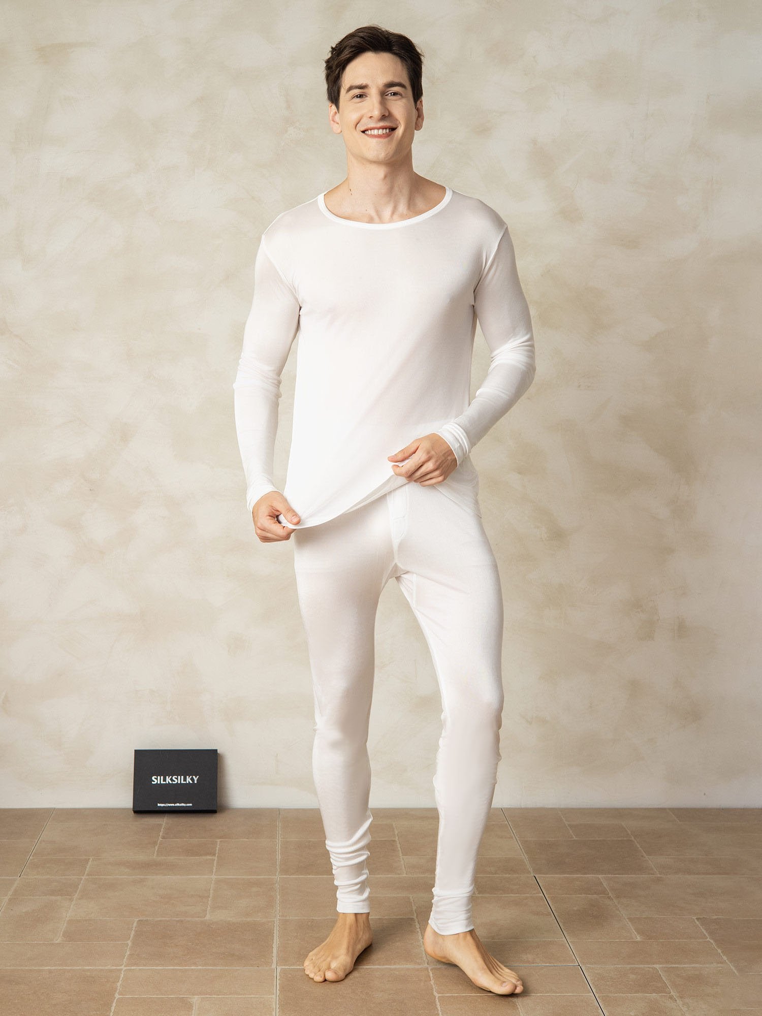 [Hvid] SilkSilky-DK Silke Mens Pajamas 001