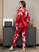 [Mørkerød] SilkSilky-DK 19Momme Langærmet Notchkrage Dame Pyjamas 006