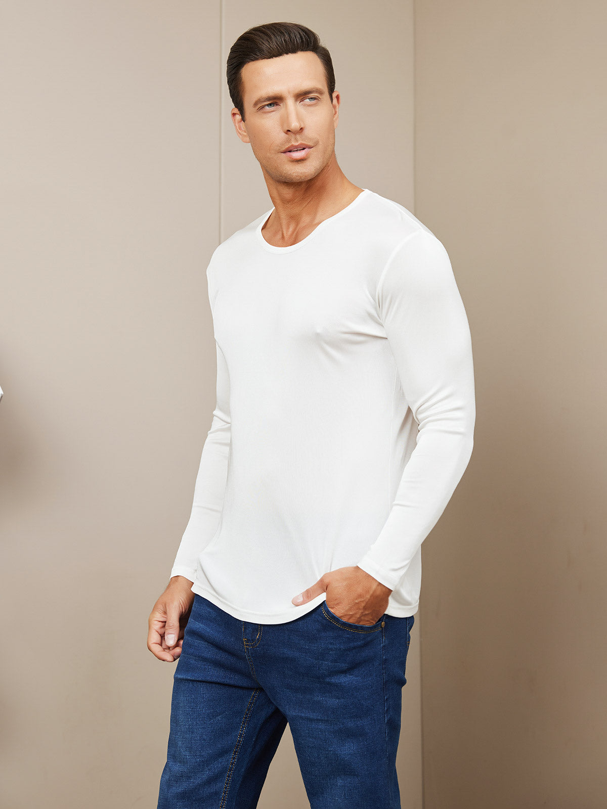 SilkSilky-DK-Silk-Knitted-Long-Sleeve-Round-Neck-Herre-T-shirt-Hvid-001