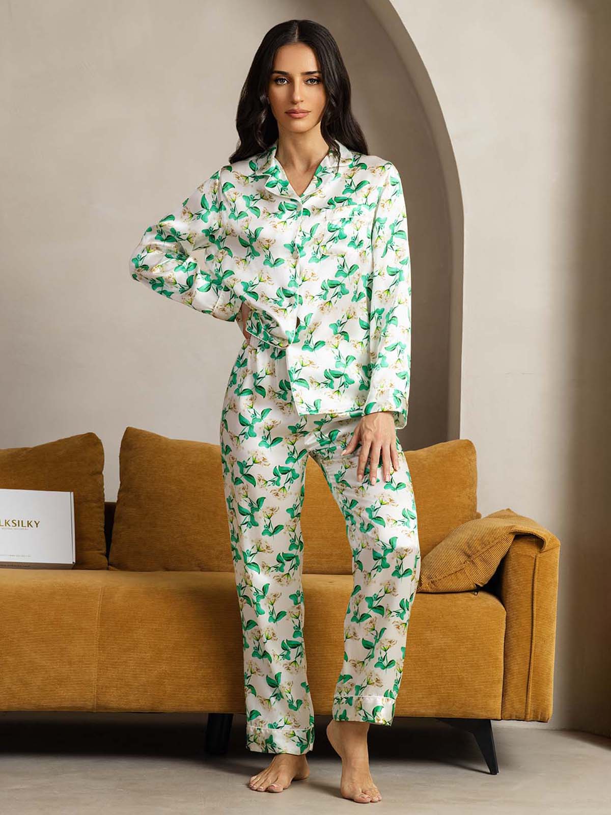 [Grøn Blomster] SilkSilky-DK Womens Pajamas 003