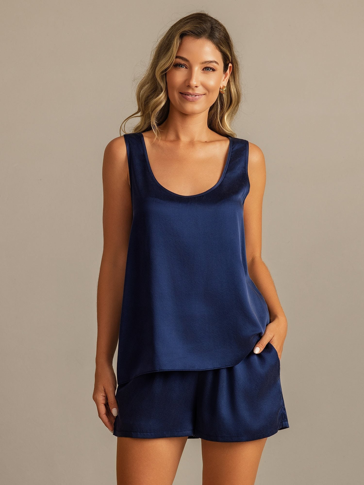 [Mørkeblå] SilkSilky-DK 19Momme Silke Womens Pajamas 001