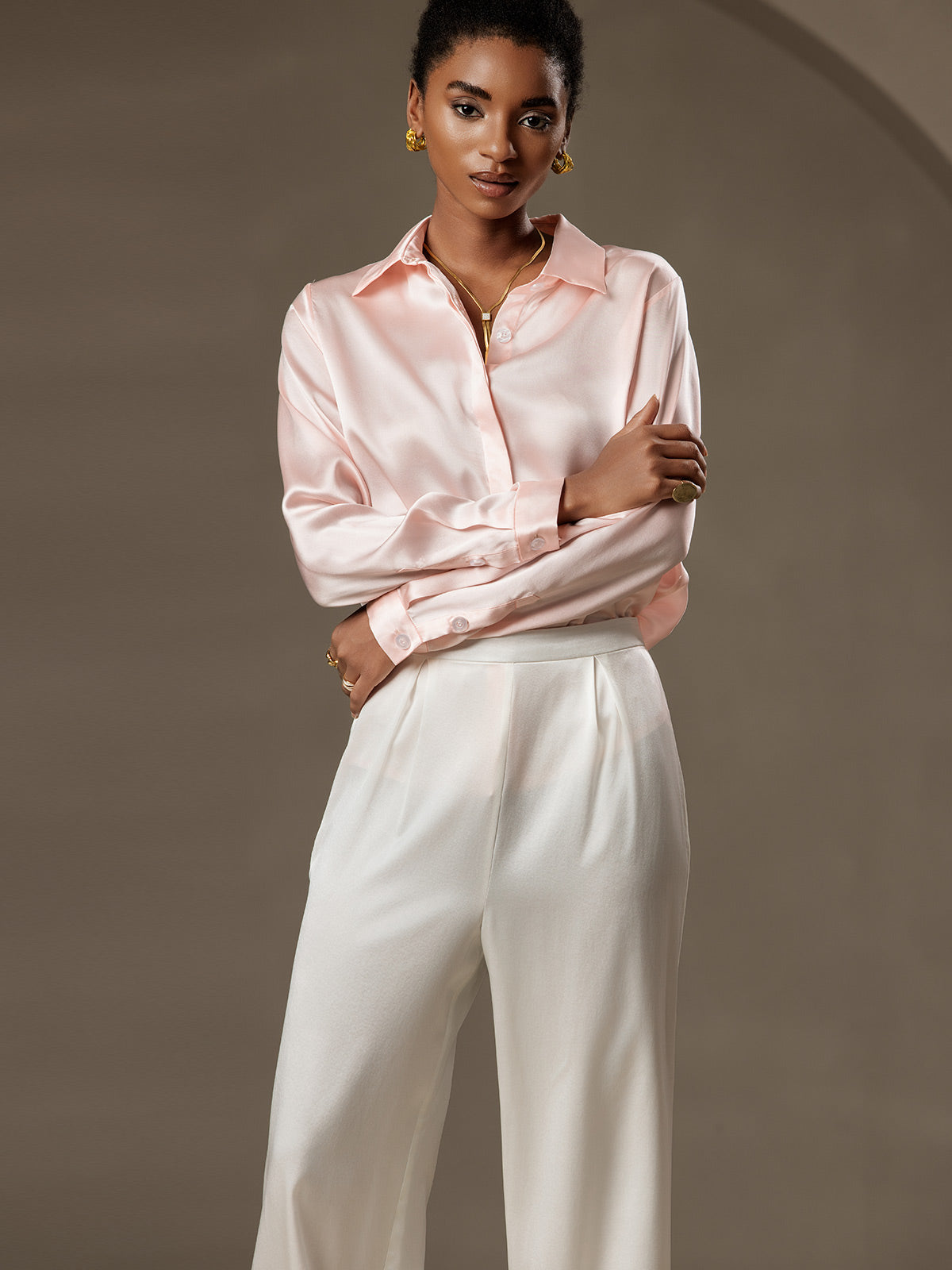[Lyserød] SilkSilky-DK 19Momme Silke Womens Shirt 006