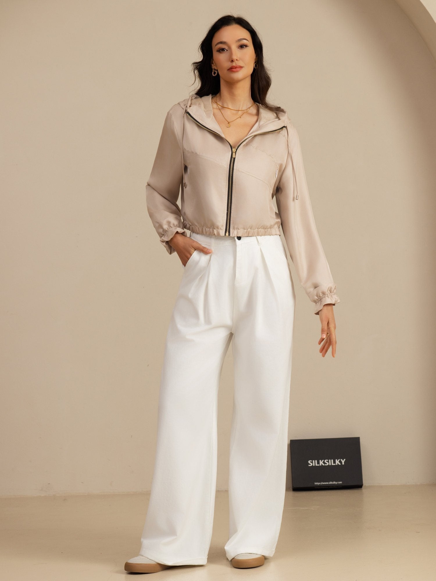 [Tan] SilkSilky-DK 18Momme Langærmet Høj Hals Overtøj til Kvinder 008