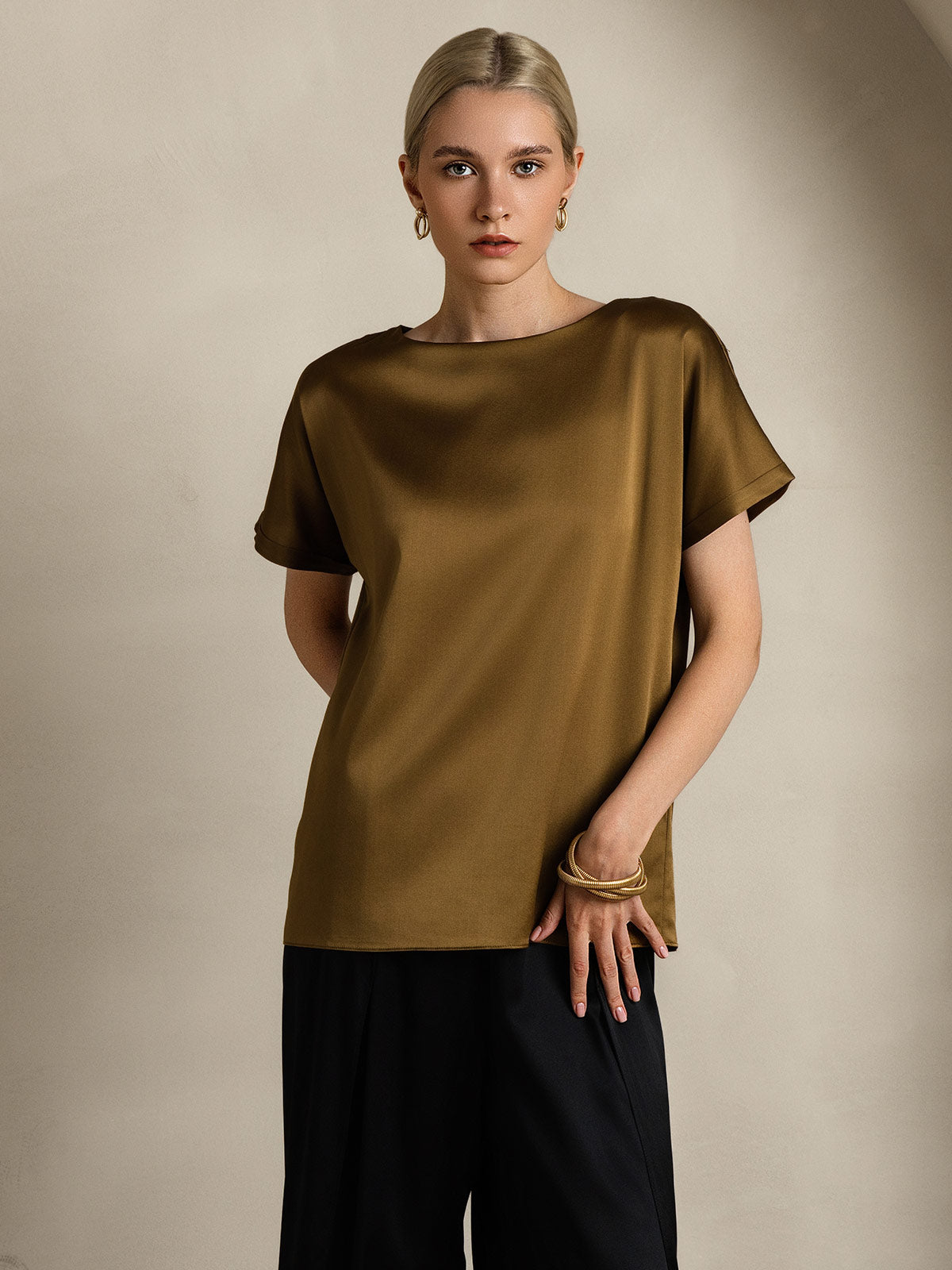 [Brun] SilkSilky-DK 19Momme Silke Womens T-Shirt 006