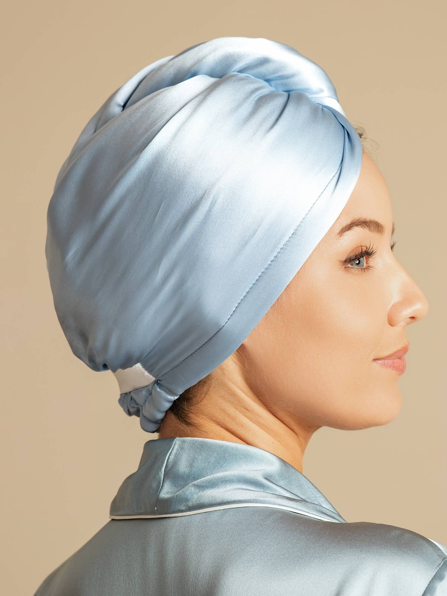 [Himmelblå] SilkSilky-DK Silke Hair Towel Wrap 002,