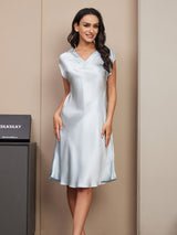 [Lyseblå] SilkSilky-DK Cap Sleeve V Neck Natkjole 003