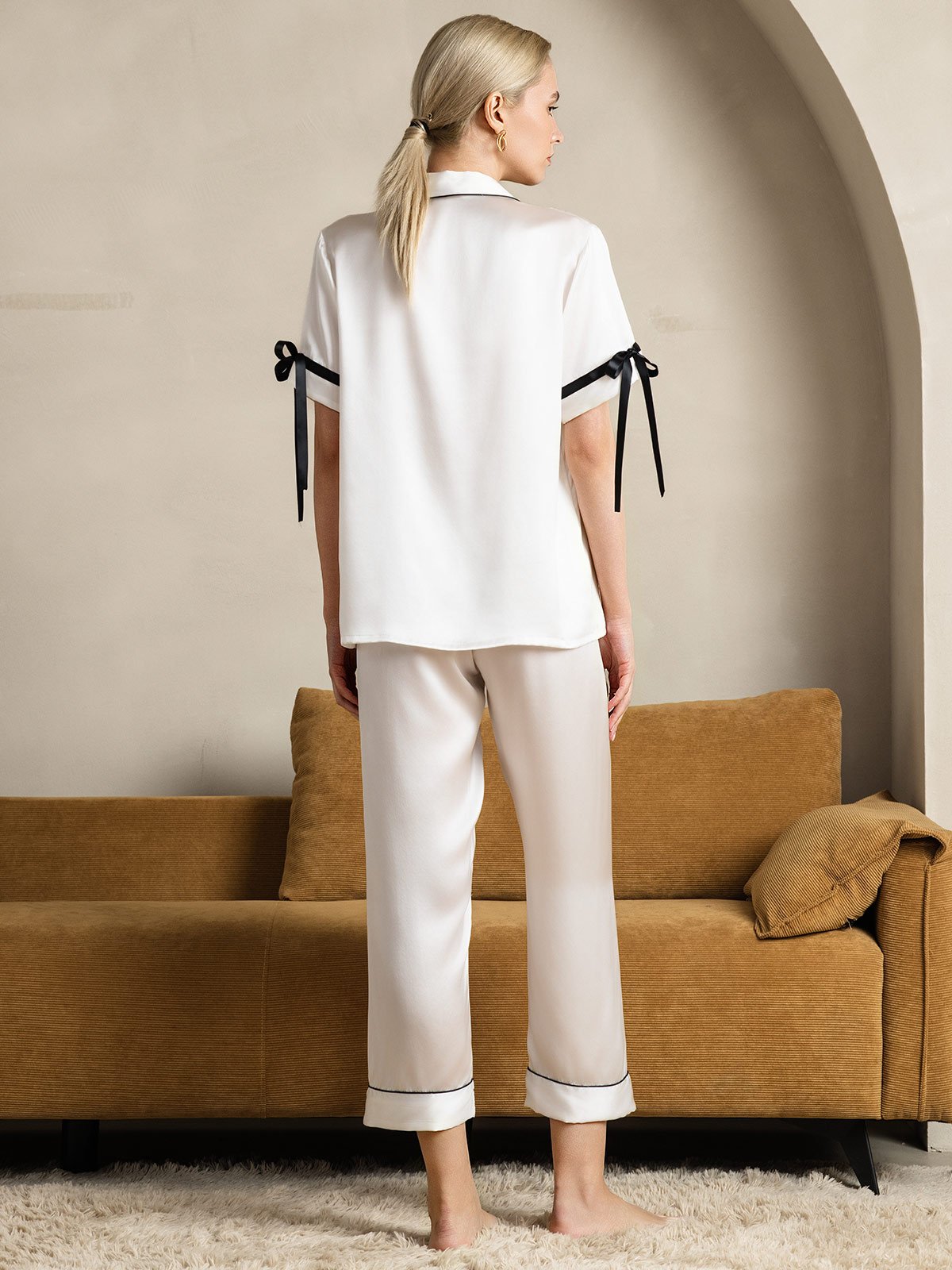 [Hvid] SilkSilky-DK Silke Short Sleeve Revers Dame Pyjamas 002