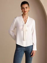 [Hvid] SilkSilky-DK Long Sleeve Tie Neck Damebluser 003