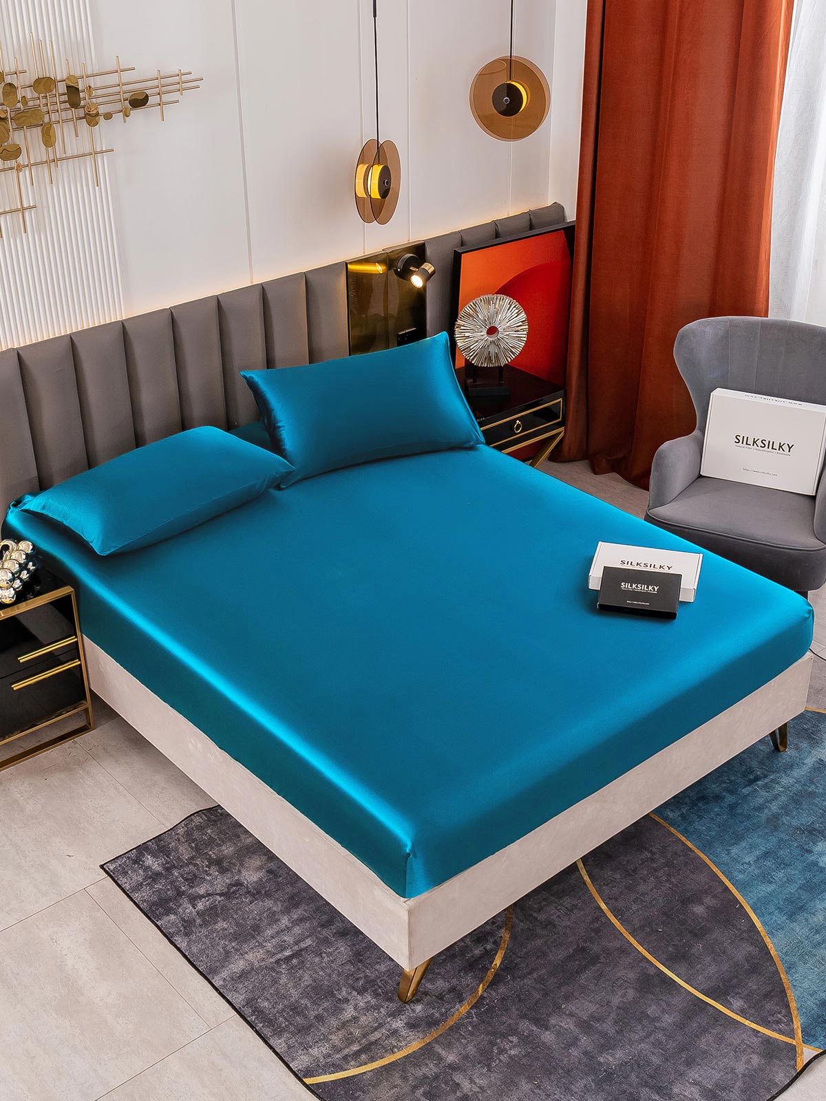 [Blågrøn] SilkSilky-DK 19Momme Bedding Set 001