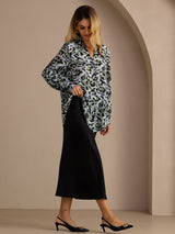 [Teal Leopard] SilkSilky-DK Long Sleeve Lapel Collar Bluse 005