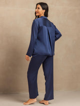 [Mørkeblå] SilkSilky-DK 19Momme Langærmet Notchkrage Dame Pyjamas 002