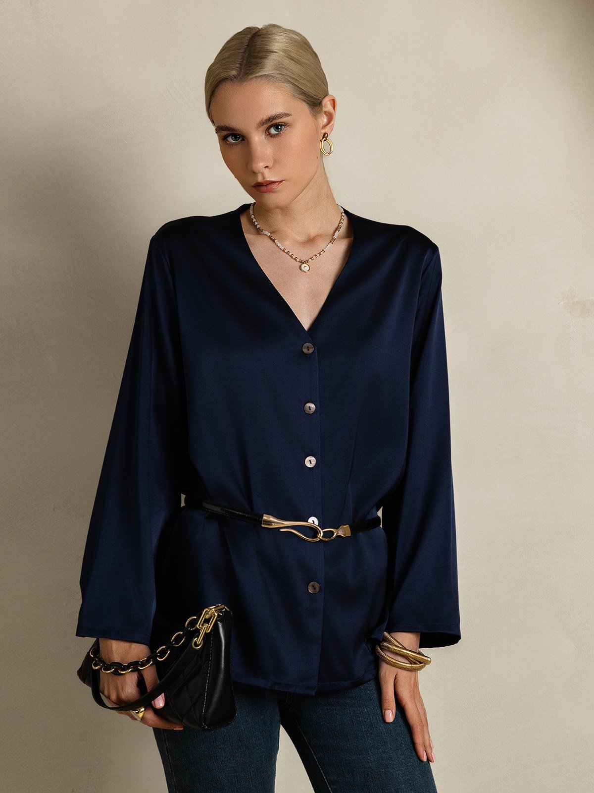 [Mørkeblå] SilkSilky-DK 19Momme Silke Womens Shirt 004