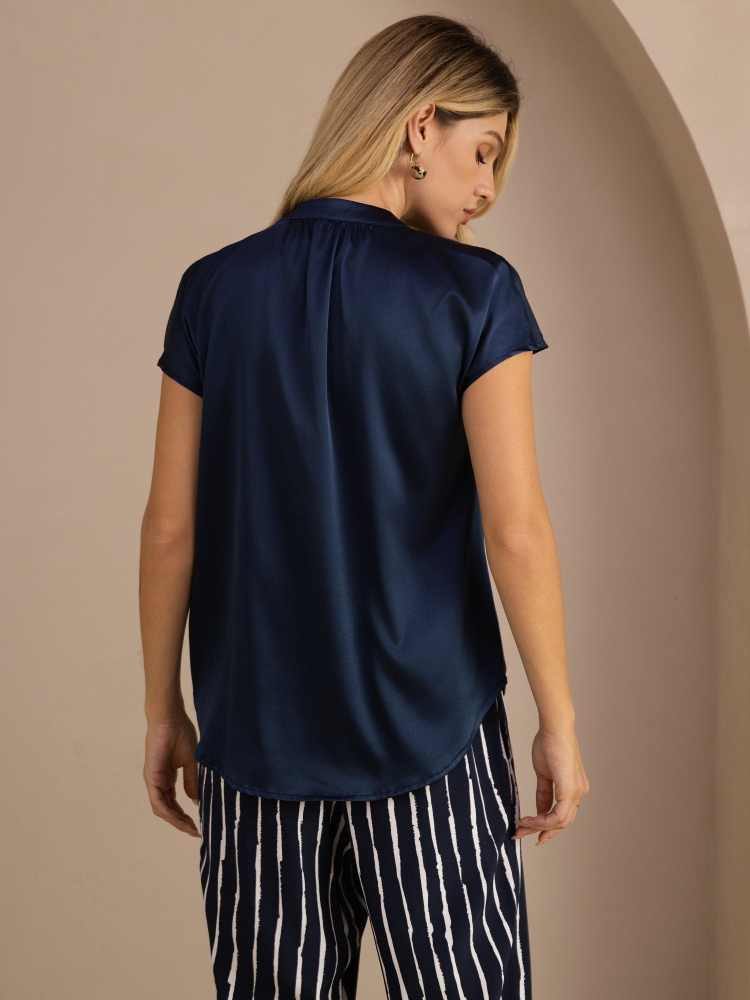 [Mørkeblå] SilkSilky-DK Short Sleeve Blouse 002
