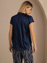 [Mørkeblå] SilkSilky-DK Short Sleeve Blouse 002