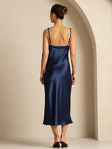 [Mørkeblå] SilkSilky-DK Sleeveless V Neck Kjole 002