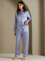 [Stål Blå] SilkSilky-DK Long Sleeve Lapel Collar Dame Pyjamas 008