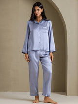 [Stål Blå] SilkSilky-DK Long Sleeve Lapel Collar Dame Pyjamas 006