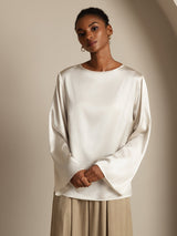 [Hvid] SilkSilky-DK Long Sleeve Boat Neck Bluse 003