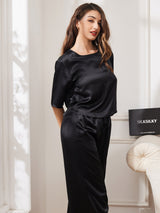 [Sort] SilkSilky-DK Halv ærme Rund Hals Dame Pyjamas 003