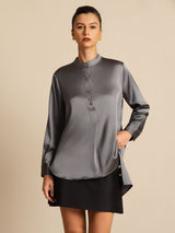 [Mørkegrå] SilkSilky-DK 19Momme Langærmet Ståkrave Bluse 001